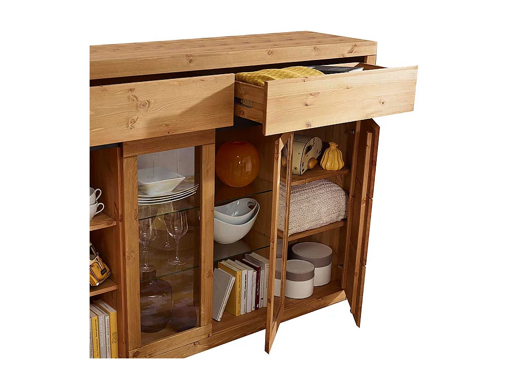 Wohnzimmer Highboard Vitrine in Eichefarben Kiefer Massivholz