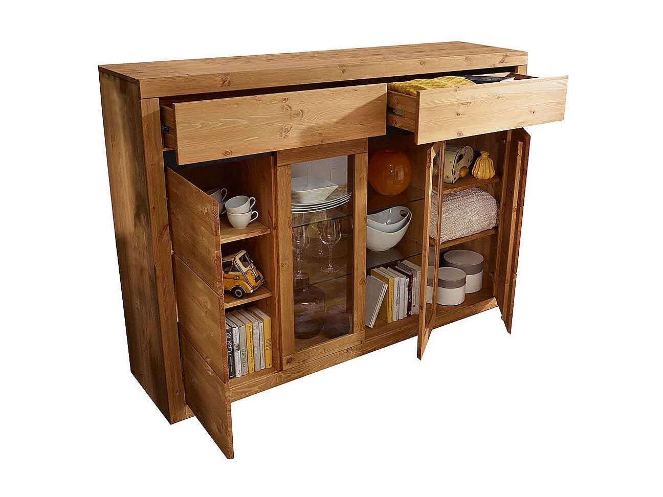 Wohnzimmer Highboard Vitrine in Eichefarben Kiefer Massivholz