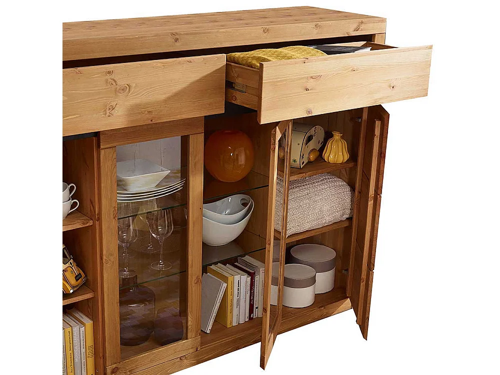 Wohnzimmer Highboard Vitrine in Eichefarben Kiefer Massivholz