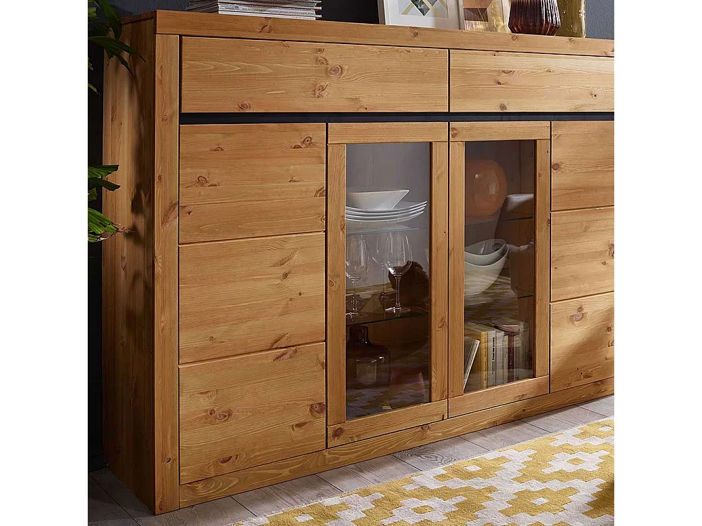 Wohnzimmer Highboard Vitrine in Eichefarben Kiefer Massivholz