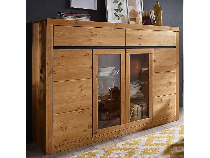 Wohnzimmer Highboard Vitrine in Eichefarben Kiefer Massivholz