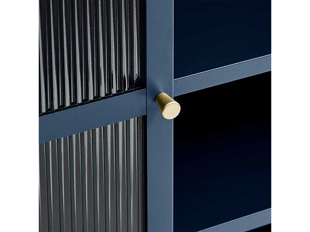 Vitrinenschrank aus Rippenglas und Metall Blau