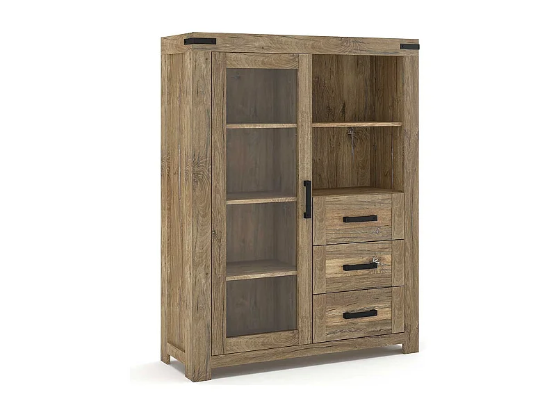 Schrank Vitrine mit Schubladen und Glastür Eiche dunkel