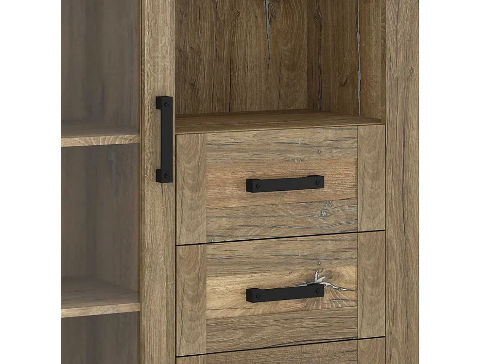 Schrank Vitrine mit Schubladen und Glastür Eiche dunkel