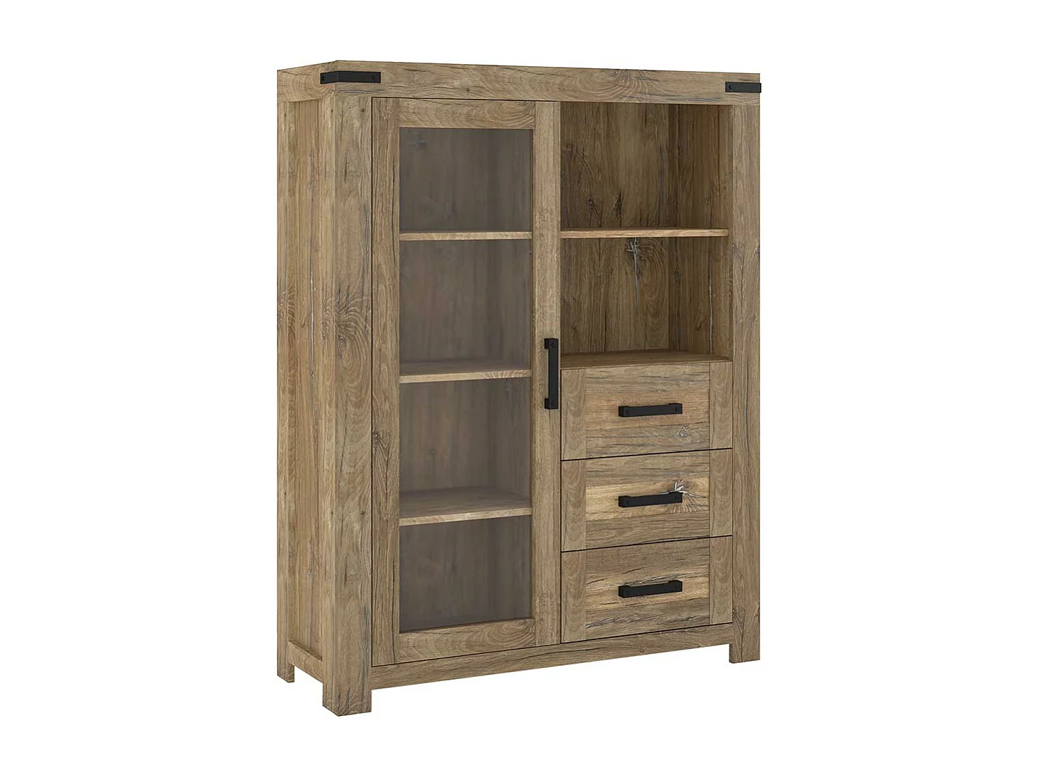 Schrank Vitrine mit Schubladen und Glastür Eiche dunkel