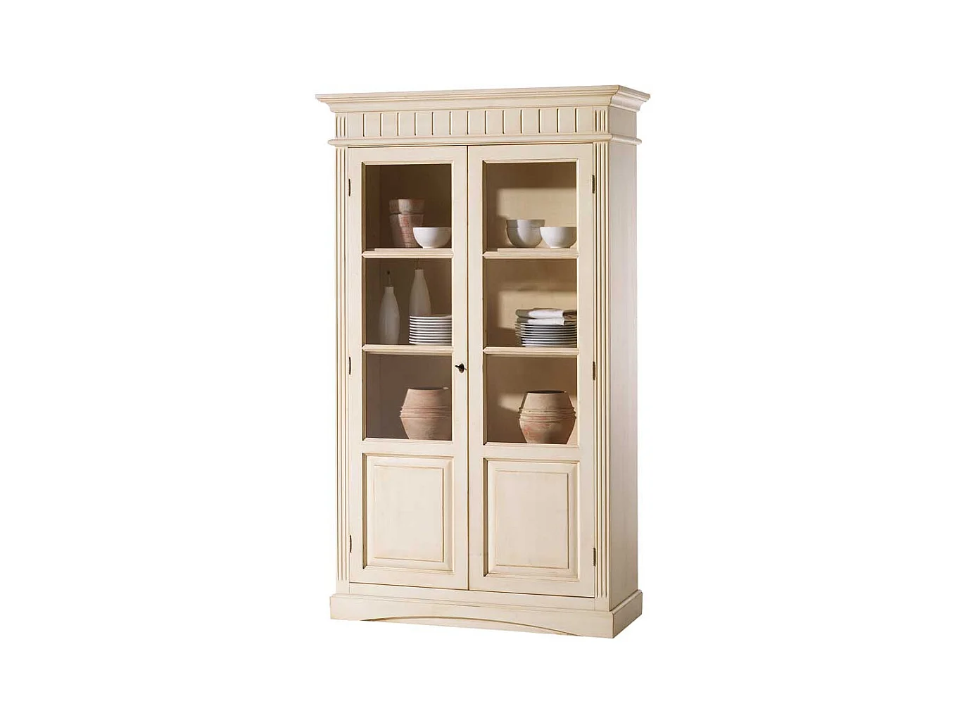 Landhaus Vintage Vitrinenschrank in Creme Fichte Massivholz