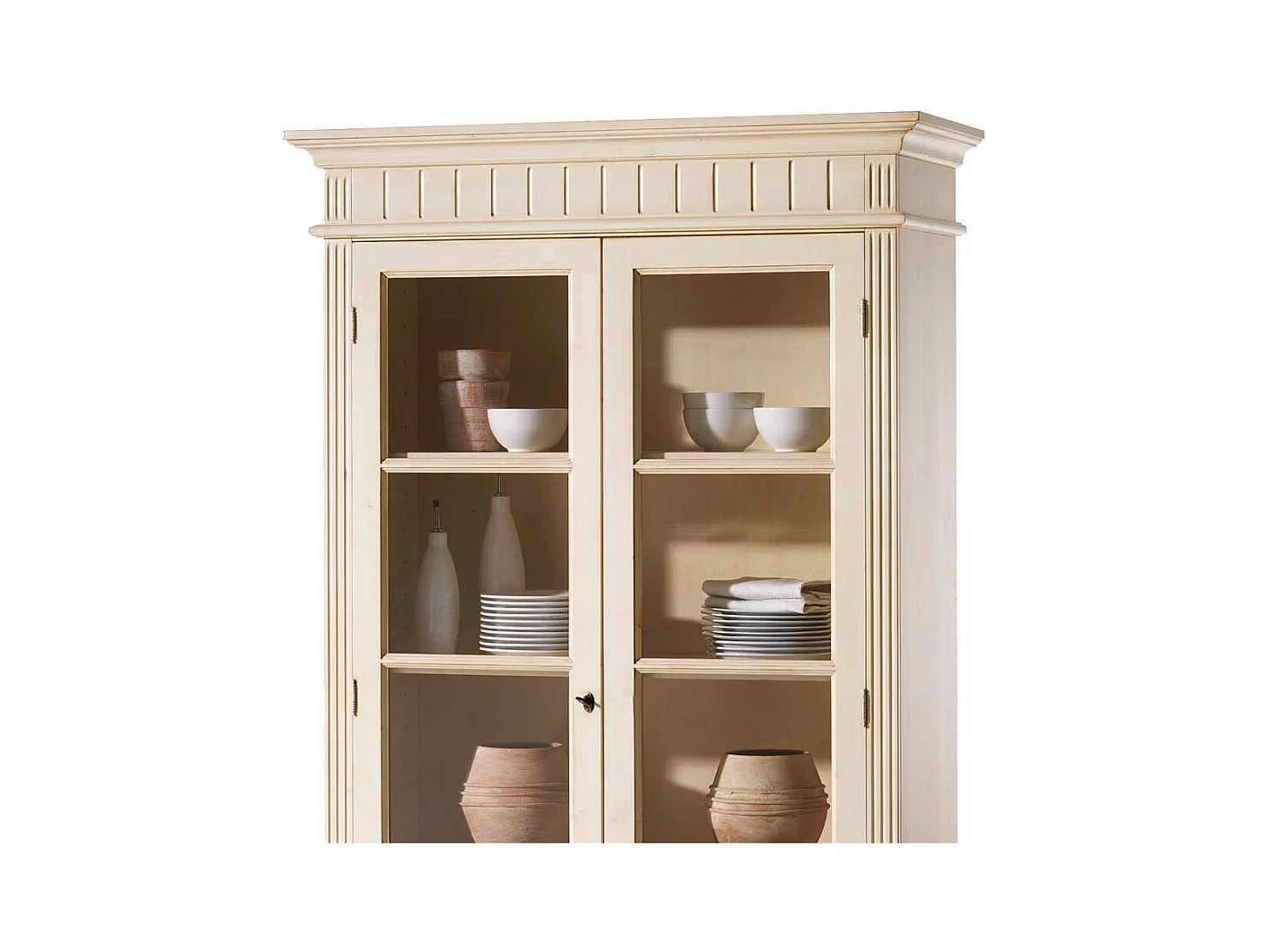 Landhaus Vintage Vitrinenschrank in Creme Fichte Massivholz