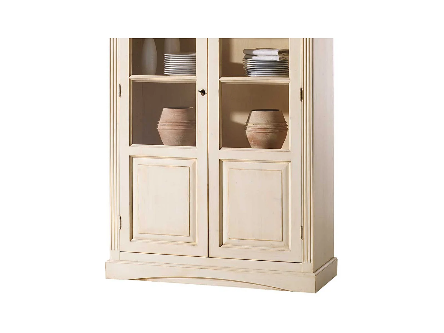 Landhaus Vintage Vitrinenschrank in Creme Fichte Massivholz
