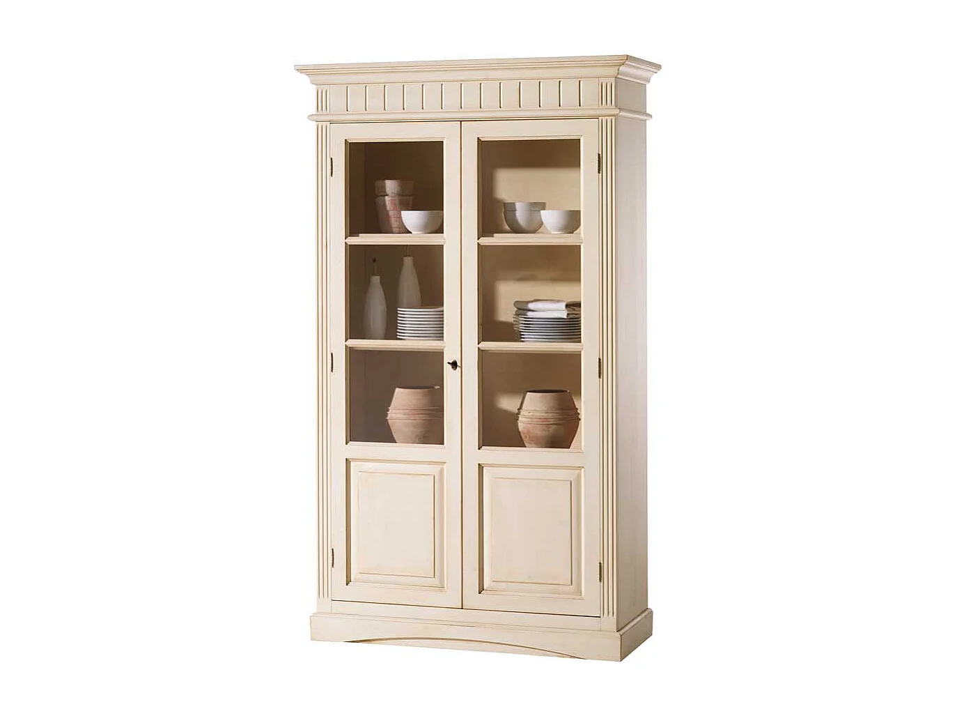 Landhaus Vintage Vitrinenschrank in Creme Fichte Massivholz