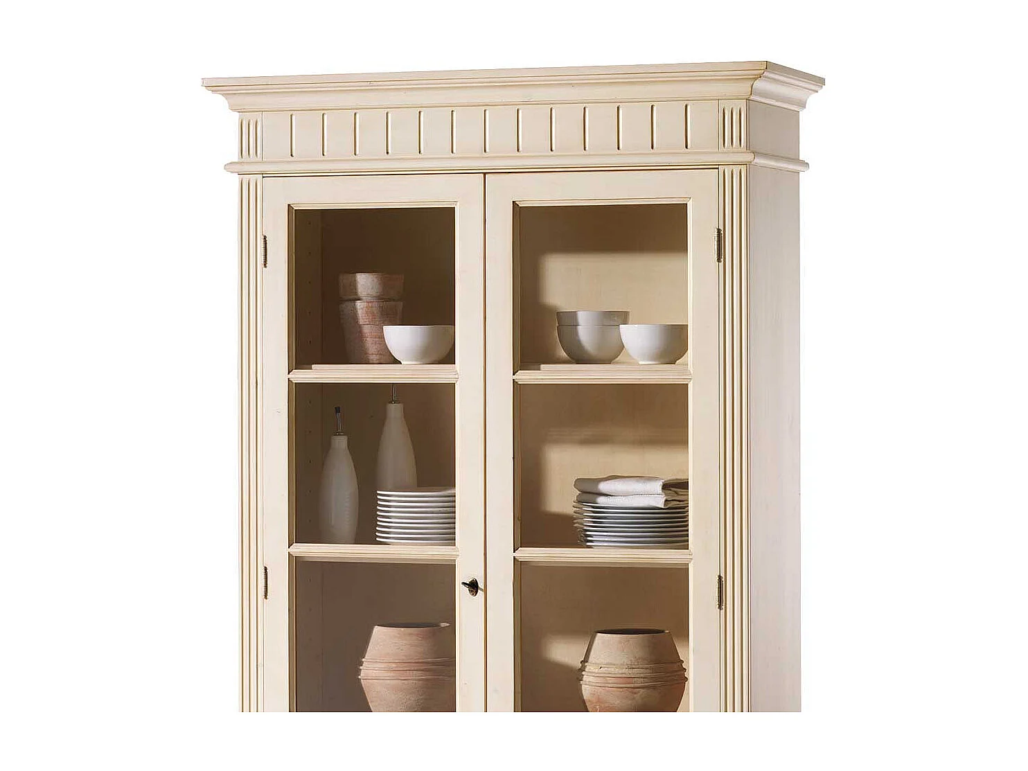 Landhaus Vintage Vitrinenschrank in Creme Fichte Massivholz