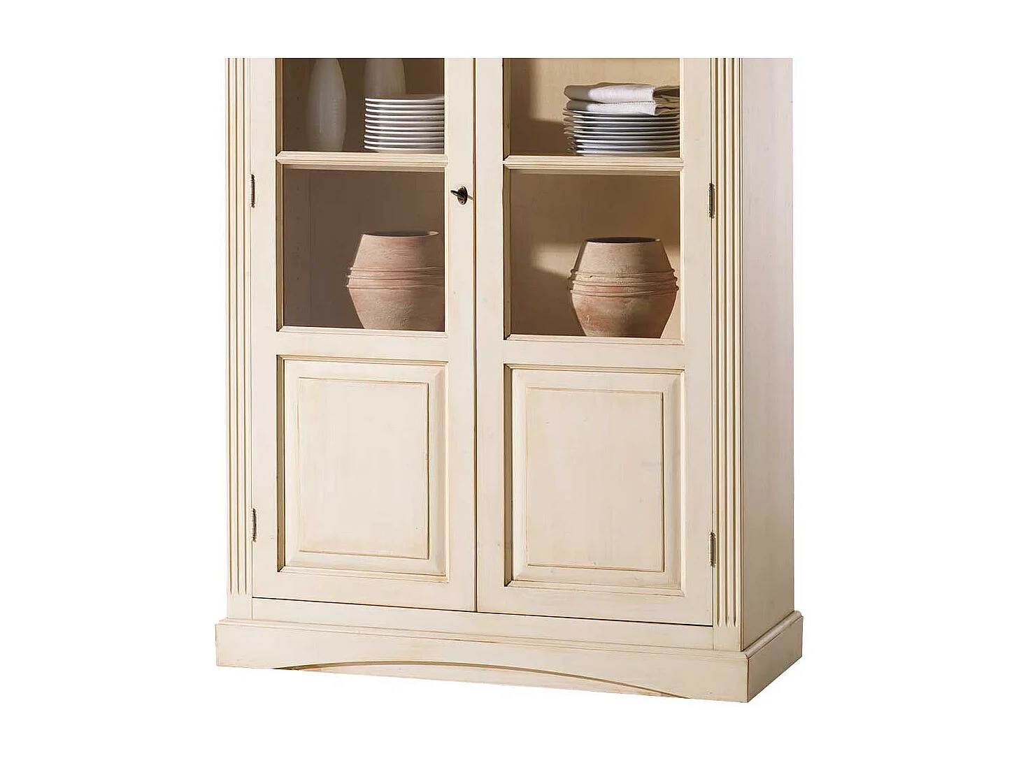 Landhaus Vintage Vitrinenschrank in Creme Fichte Massivholz