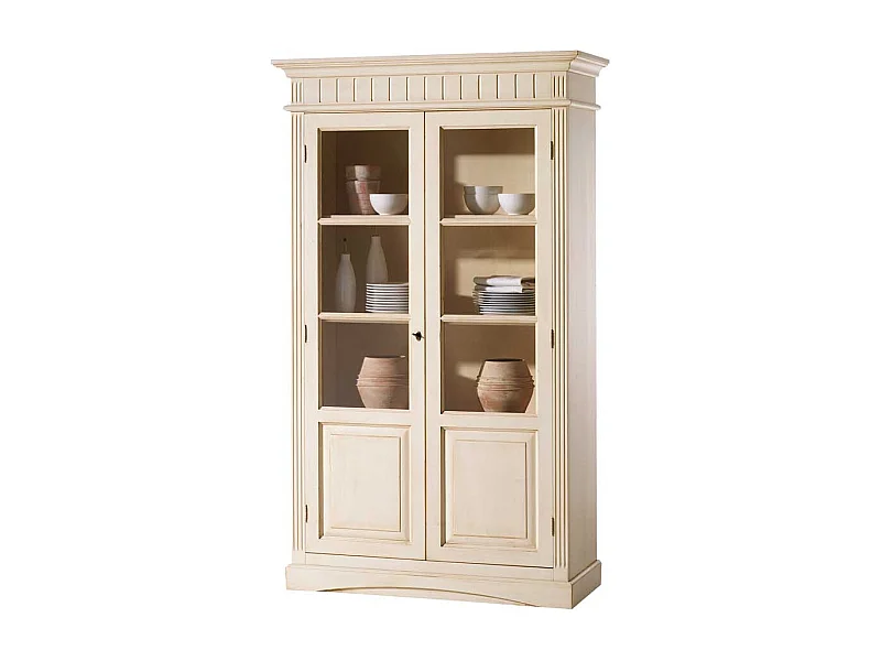 Landhaus Vintage Vitrinenschrank in Creme Fichte Massivholz