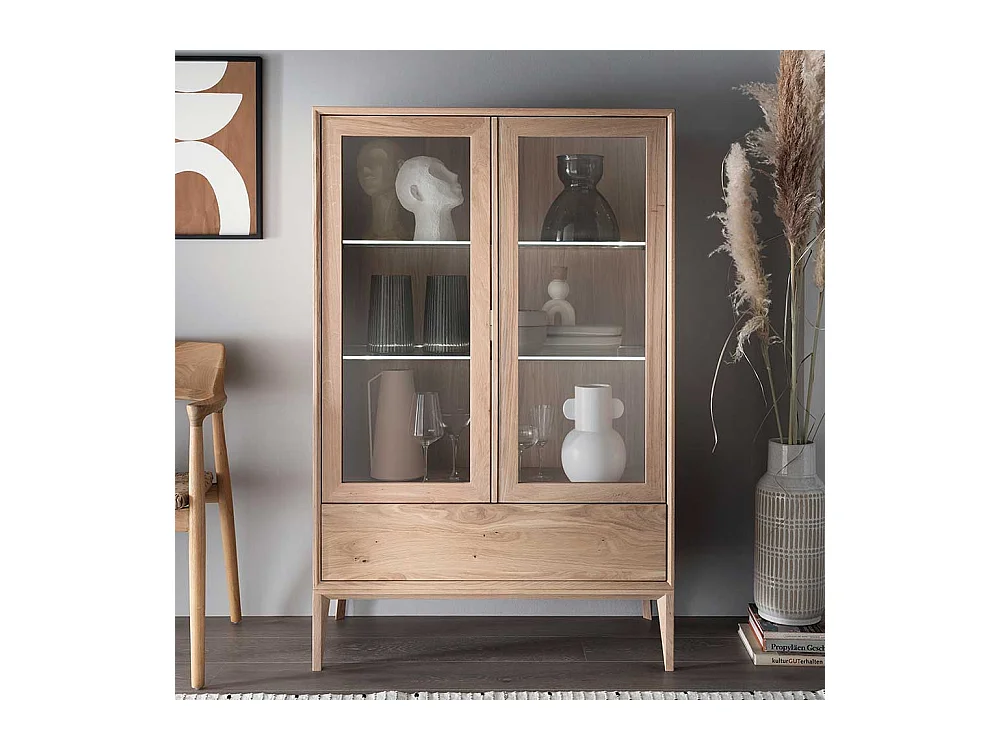 Esszimmer Highboard Vitrine im Skandi Design Wildeiche Massivholz Bianco