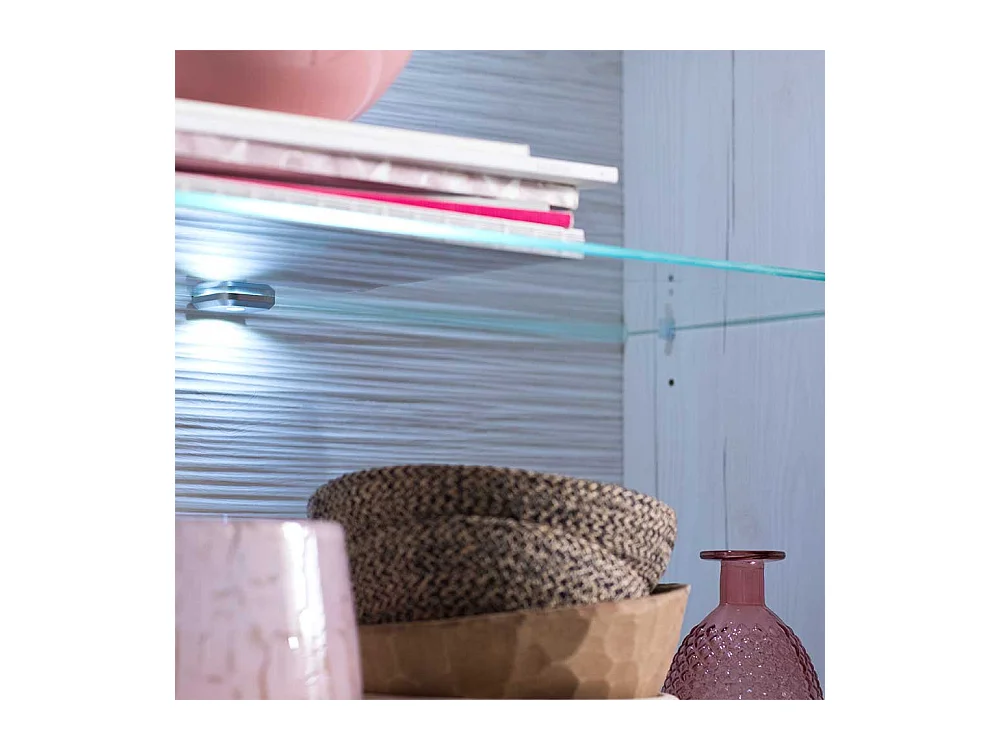 Landhaus Vitrinenschrank in Weiß und Eiche Optik 210 cm hoch