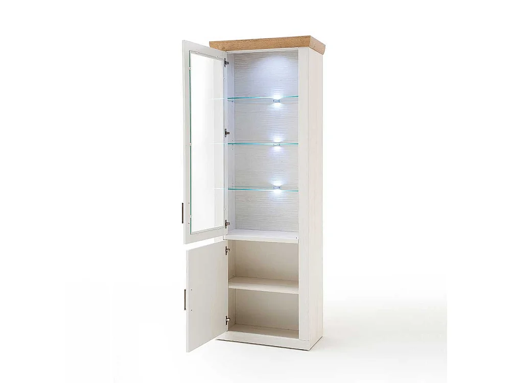 Landhaus Vitrinenschrank in Weiß und Eiche Optik 210 cm hoch