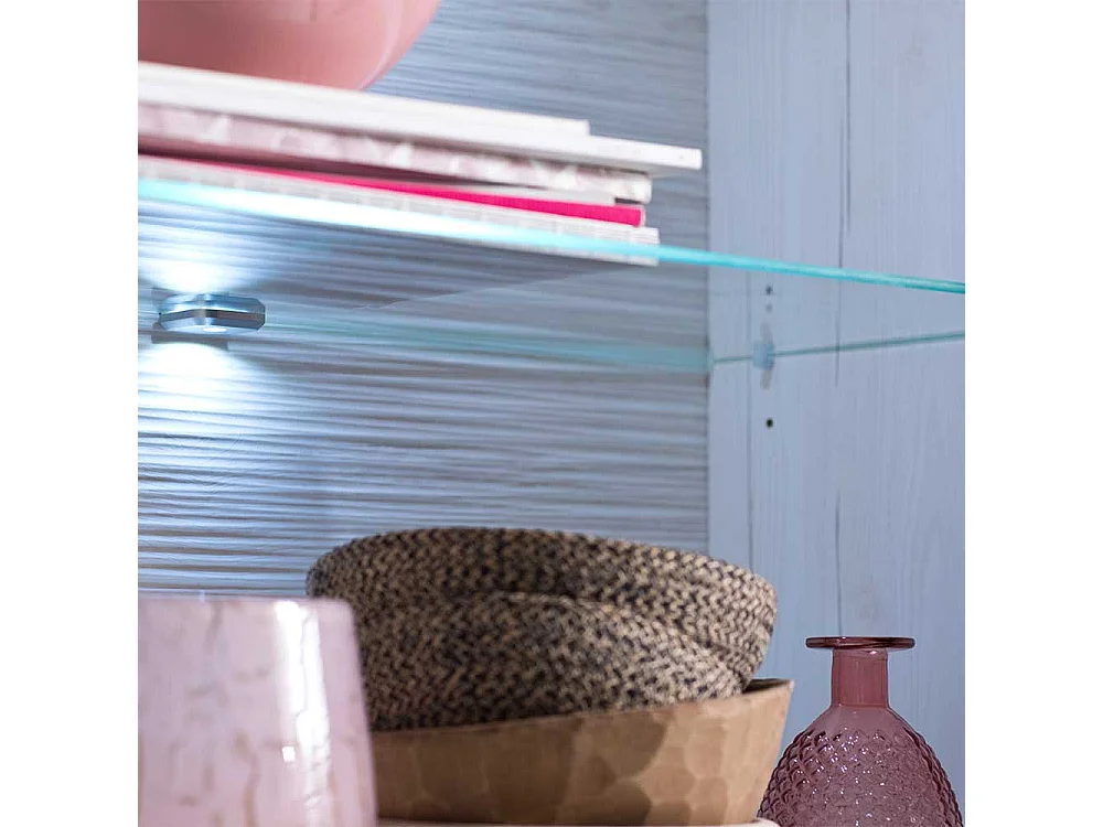 Landhaus Vitrinenschrank in Weiß und Eiche Optik 210 cm hoch