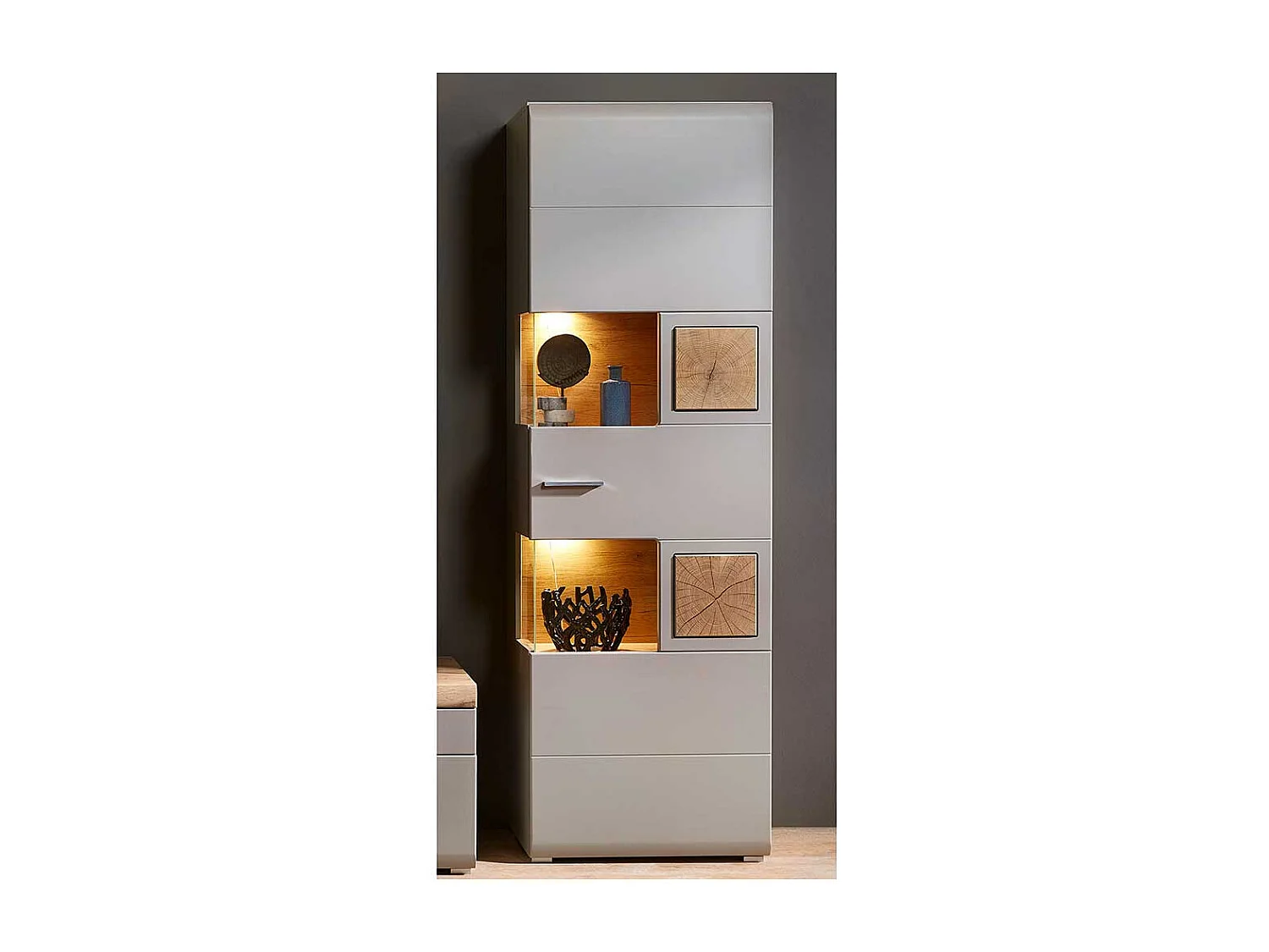 Wohnzimmer Vitrine in Grau und Eiche Optik 65 cm breit