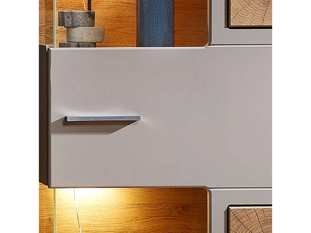 Wohnzimmer Vitrine in Grau und Eiche Optik 65 cm breit