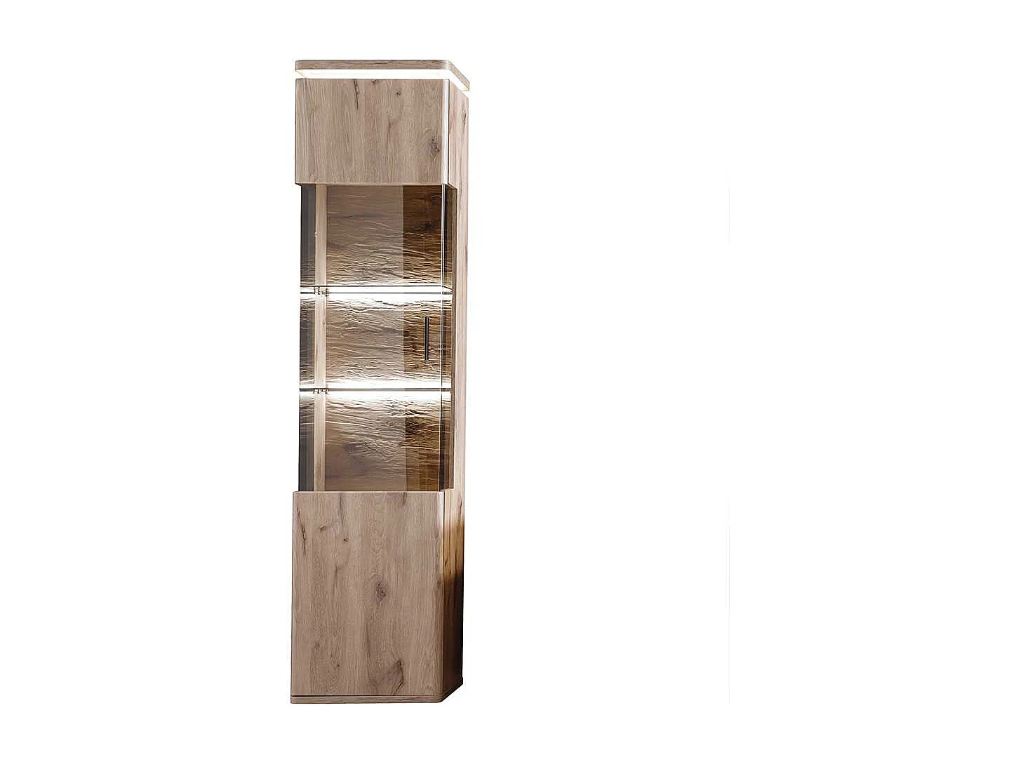 Hohe Schrank Vitrine in Wildeichefarben LED Beleuchtung