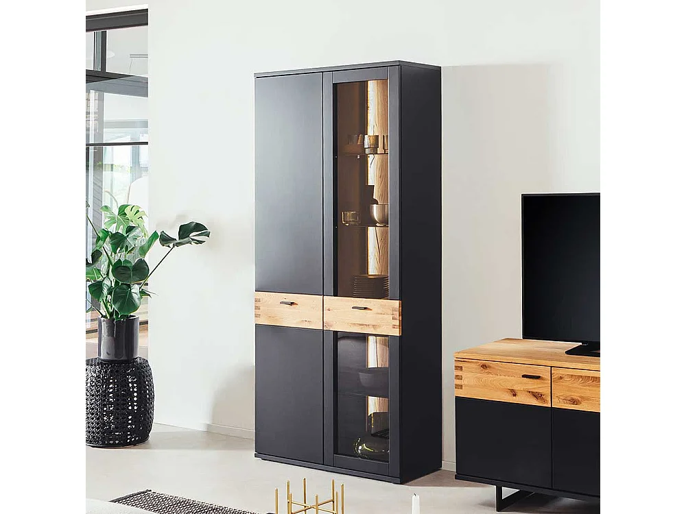 Moderne Schrank Vitrine in Wildeichefarben Schwarzgrau