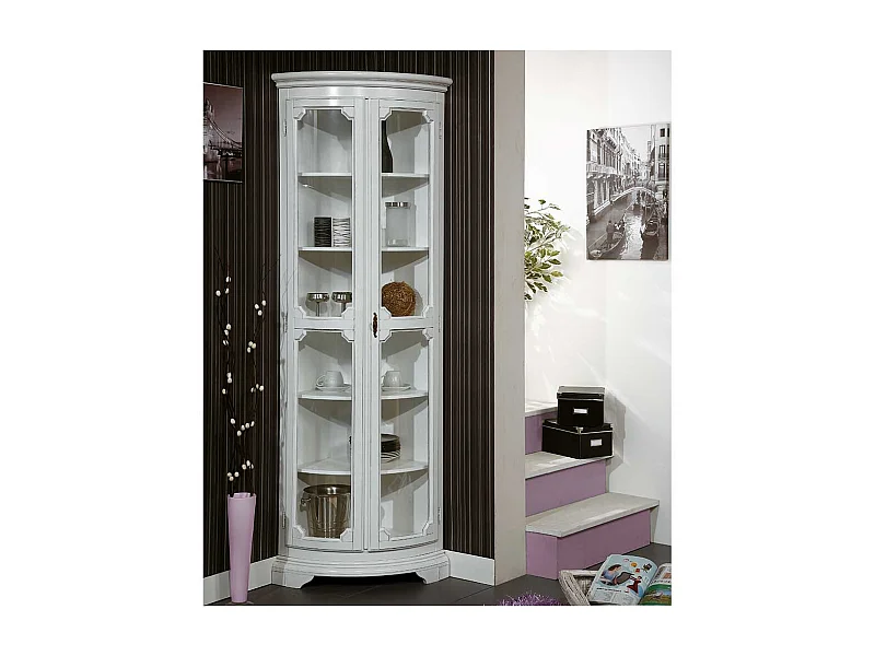 Hohe Vitrine für die Ecke in Weiß Vintage Look