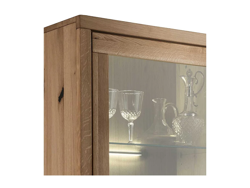 Vitrinenschrank Wildeiche aus Massivholz drei Schubladen