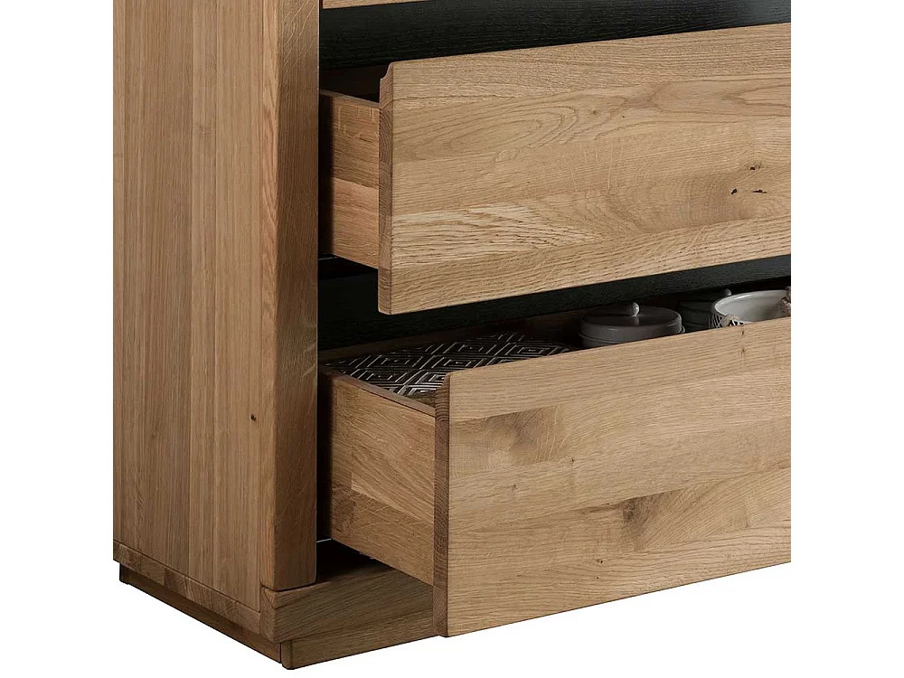 Vitrinenschrank Wildeiche aus Massivholz drei Schubladen