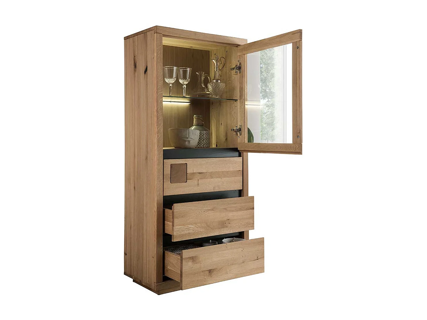 Vitrinenschrank Wildeiche aus Massivholz drei Schubladen