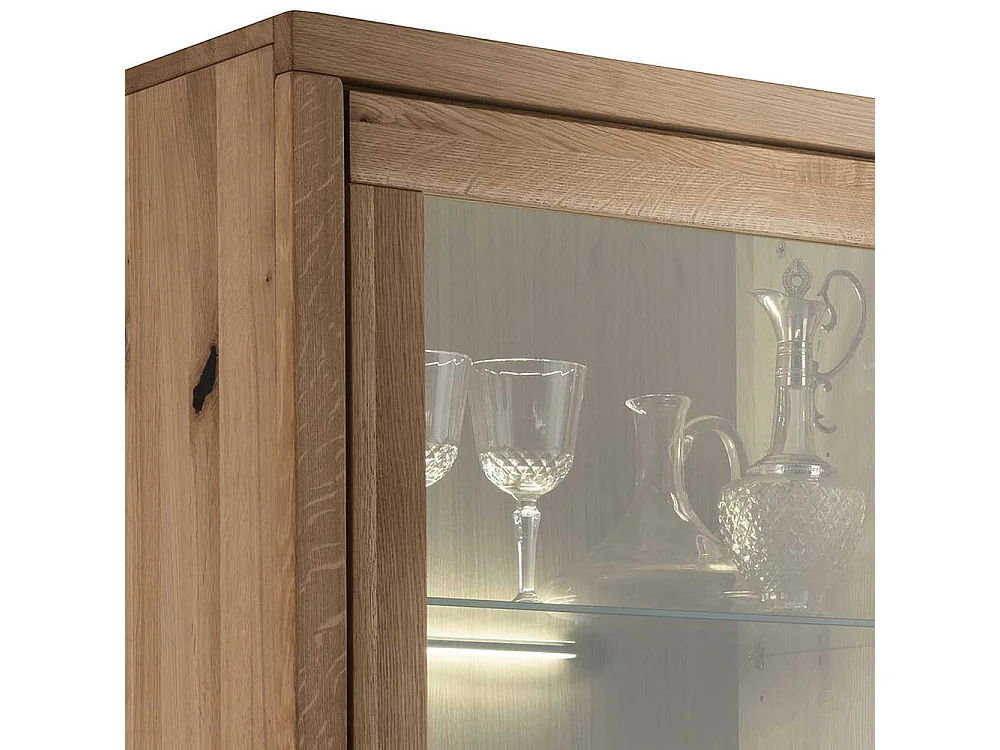 Vitrinenschrank Wildeiche aus Massivholz drei Schubladen