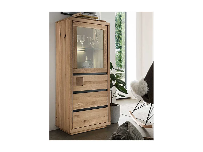 Vitrinenschrank Wildeiche aus Massivholz drei Schubladen