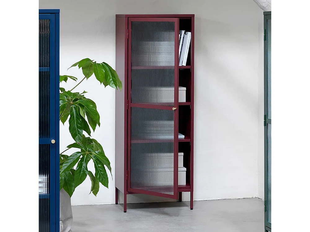 Wohnzimmer Vitrine aus Stahl und Glas Dunkelrot 160 cm hoch