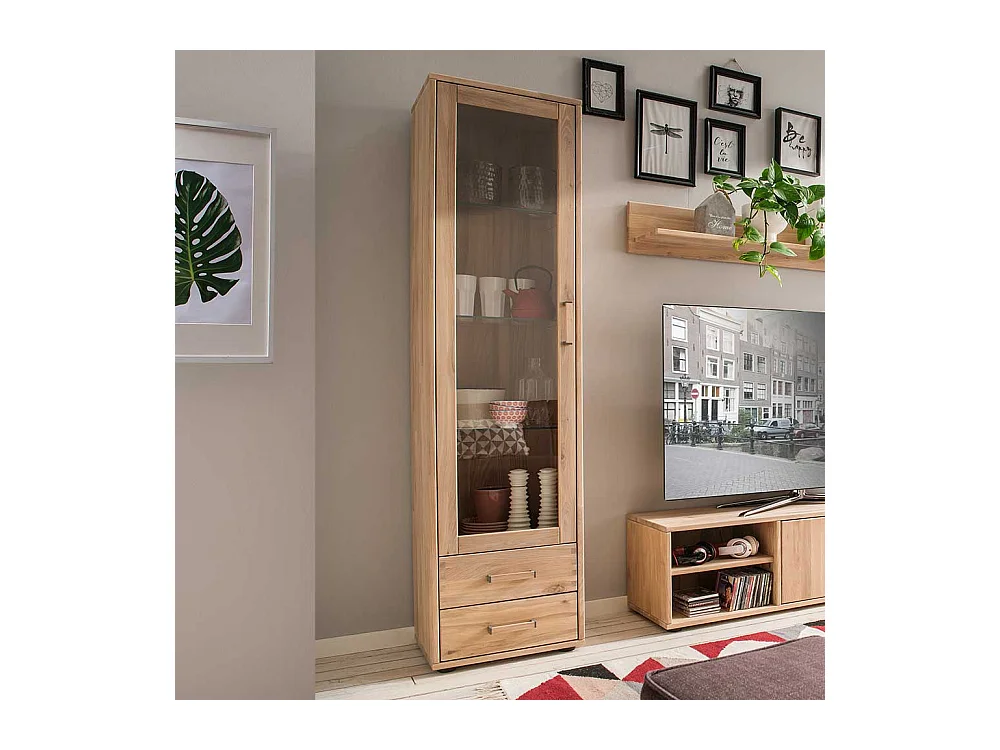 Wohnzimmer Vitrine in Eiche Bianco massiv einer Glastür