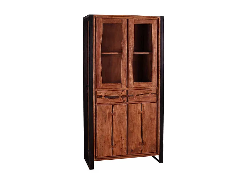 Vitrinenschrank aus Akazie Massivholz Schwarz Metall