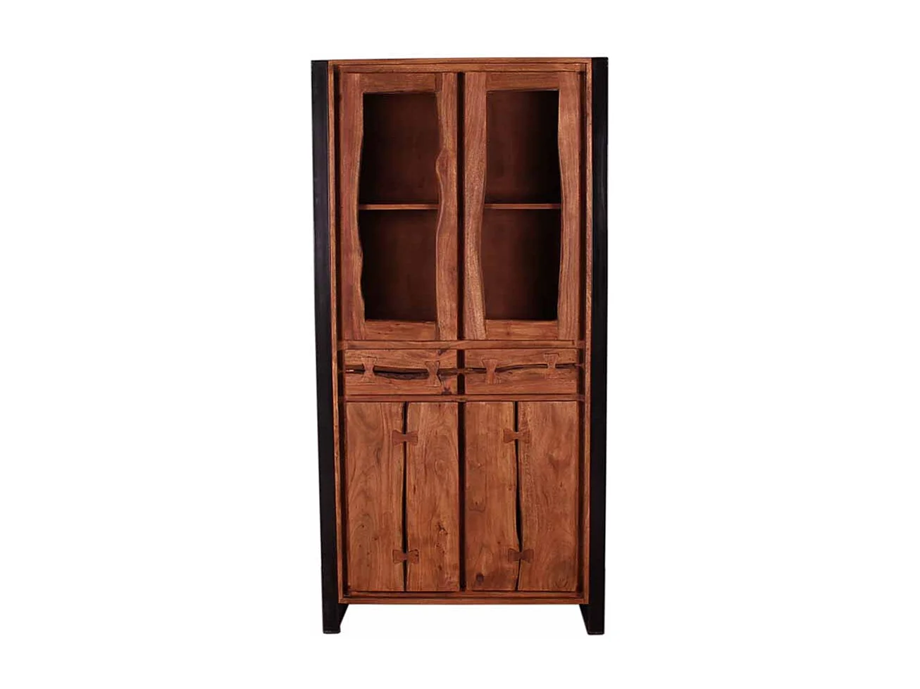 Vitrinenschrank aus Akazie Massivholz Schwarz Metall