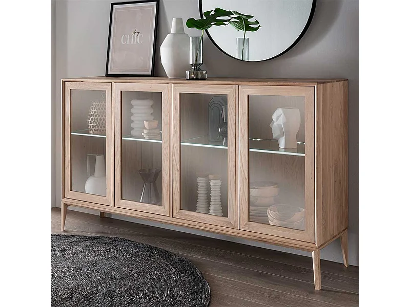 Sidebord Vitrine mit LED Beleuchtung Wildeiche Massivholz Bianco geölt