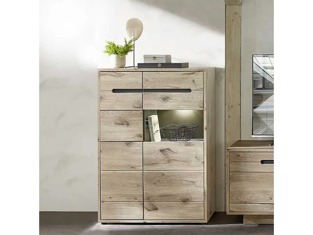 Esszimmer Highboard Vitrine in Wildeichefarben LED Beleuchtung