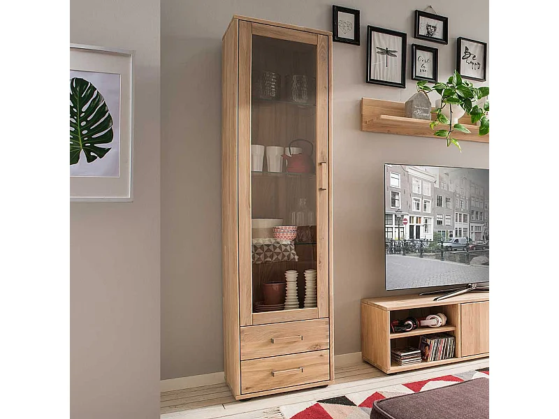 Wohnzimmer Vitrine in Eiche Bianco massiv einer Glastür