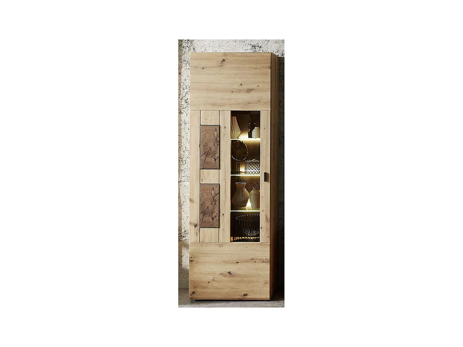 Schrank Vitrine in Wildeiche Hirnholz Optik 65 cm breit