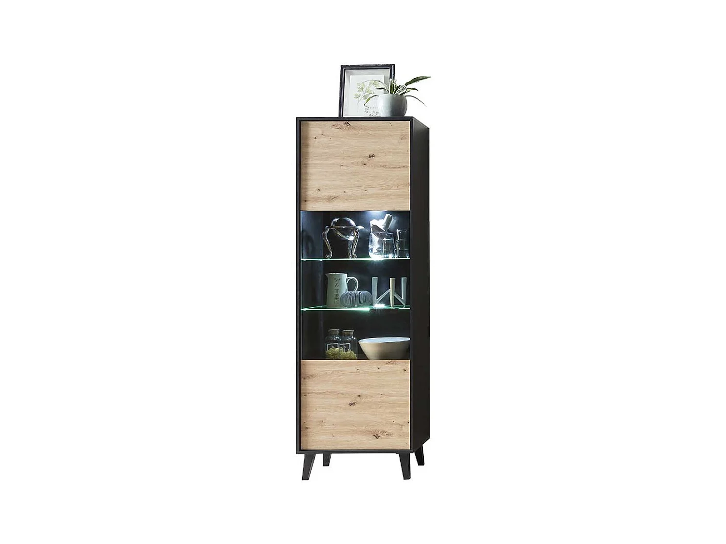 Schrank Vitrine in Wildeiche Holzoptik Schwarz