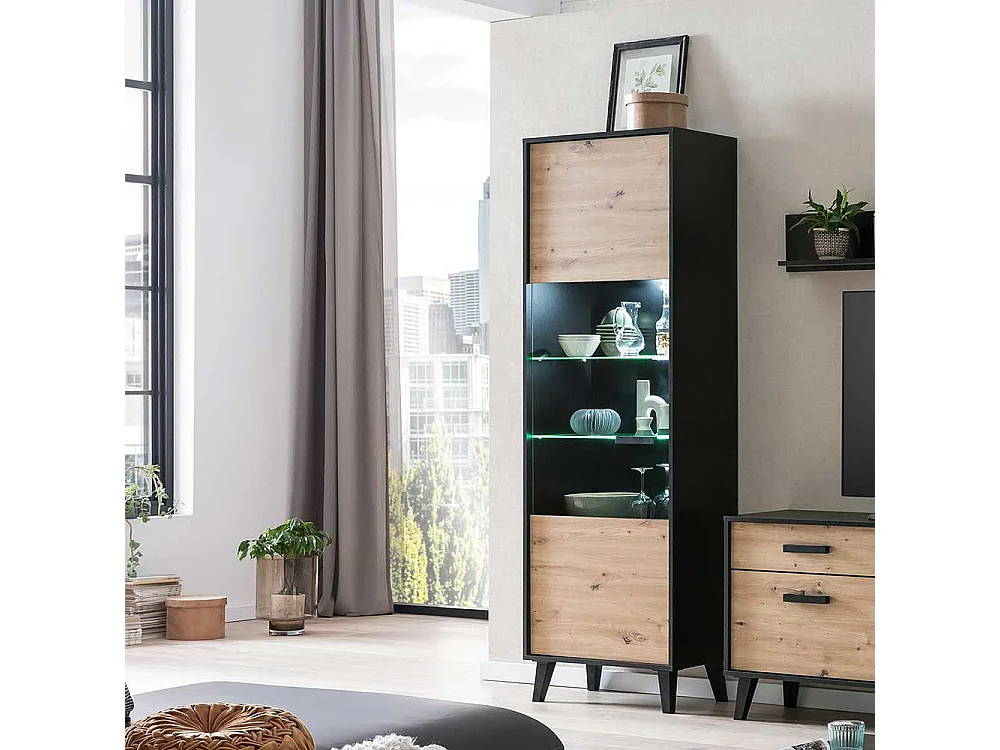 Schrank Vitrine in Wildeiche Holzoptik Schwarz