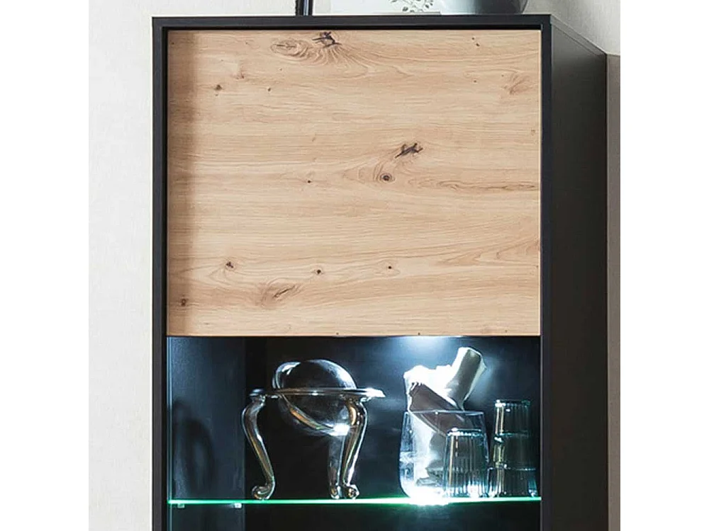 Schrank Vitrine in Wildeiche Holzoptik Schwarz