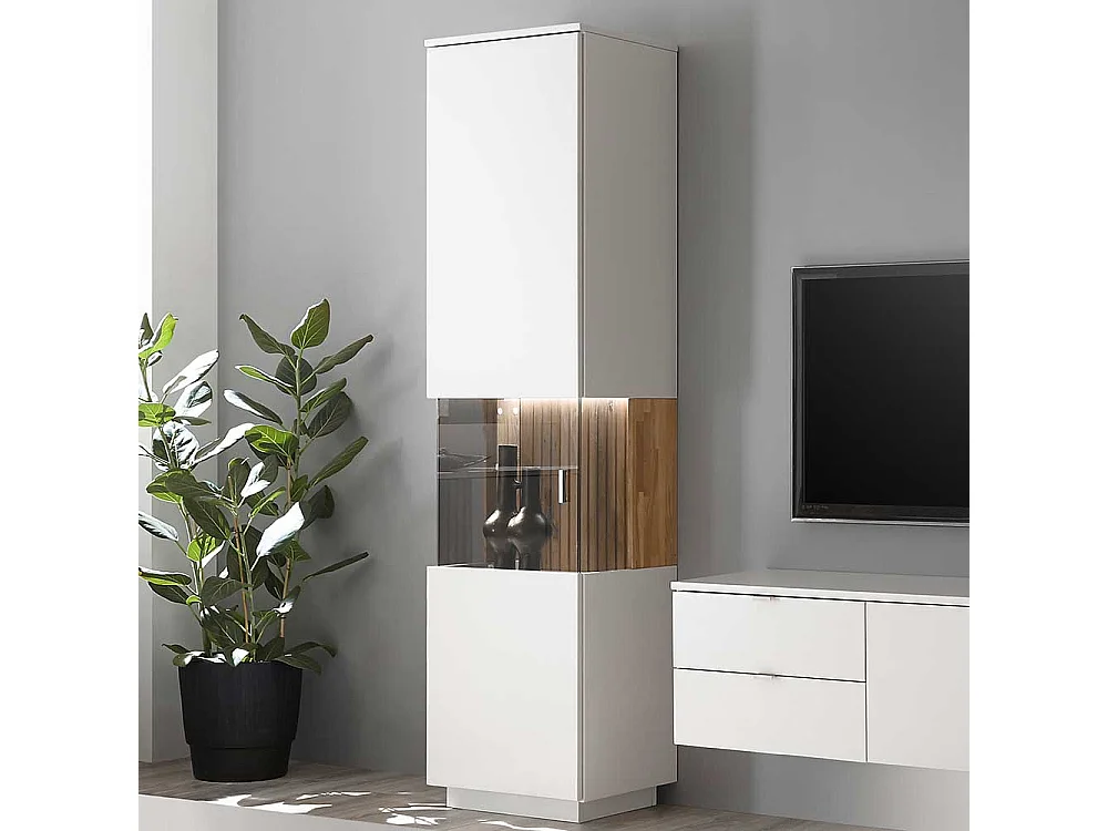 Wohnzimmer Schrank Vitrine in Eiche Bianco und Weiß 204 cm hoch