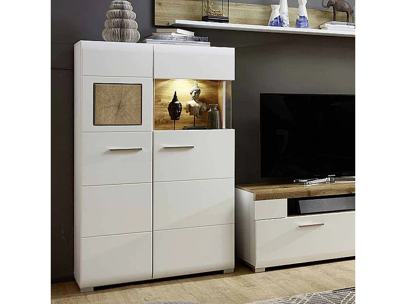 Highboard Vitrine in Weiß Holz Dekor LED Beleuchtung