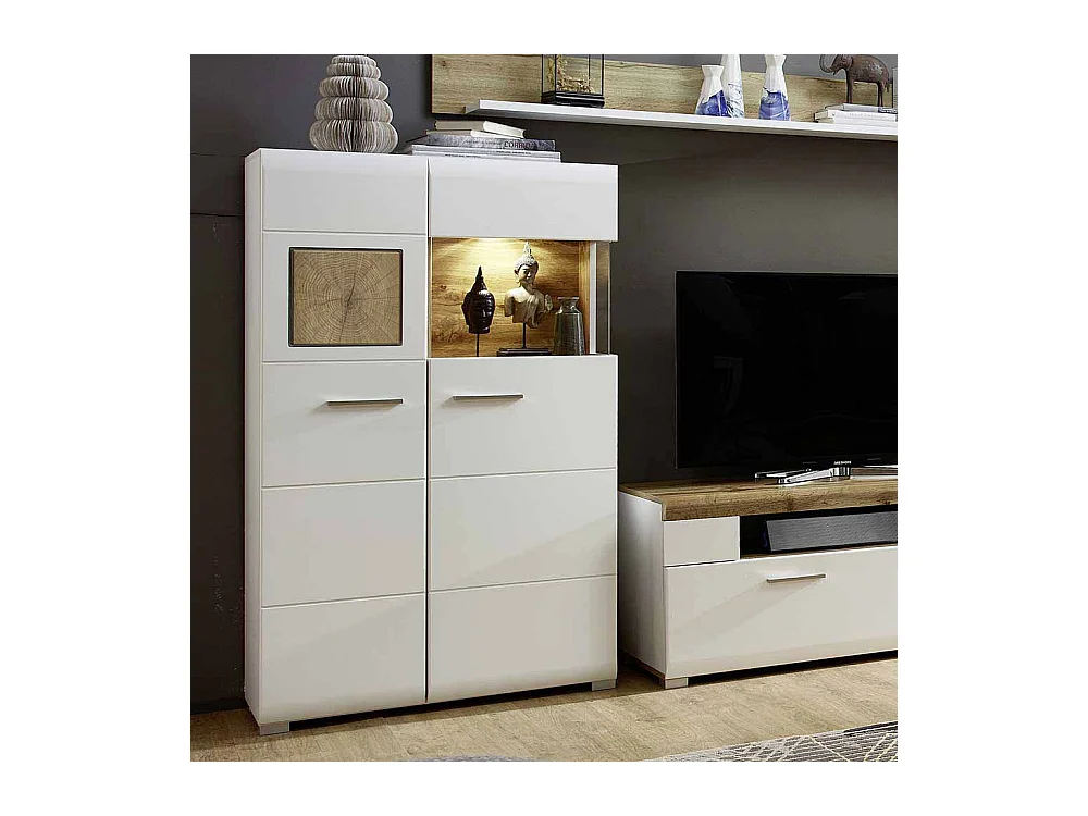 Highboard Vitrine in Weiß Holz Dekor LED Beleuchtung
