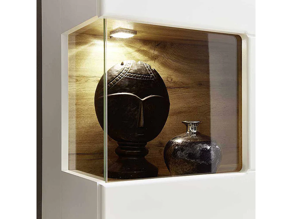 Highboard Vitrine in Weiß Holz Dekor LED Beleuchtung