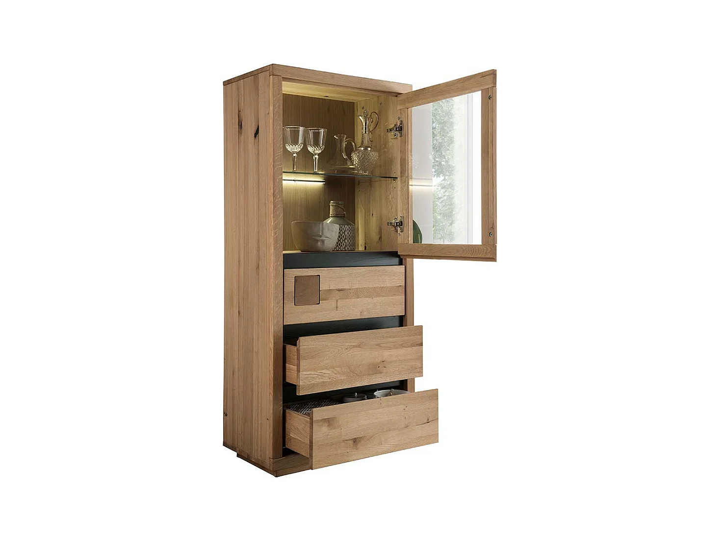 Vitrinenschrank Wildeiche aus Massivholz drei Schubladen