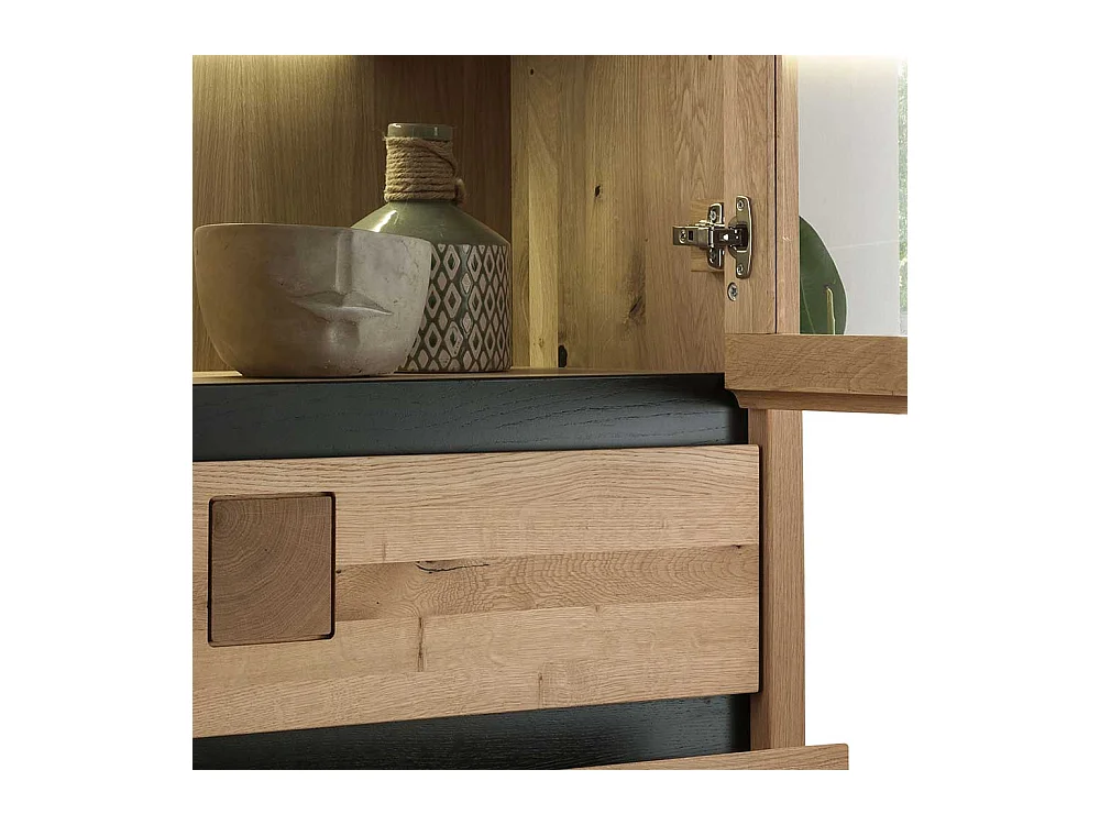 Vitrinenschrank Wildeiche aus Massivholz drei Schubladen