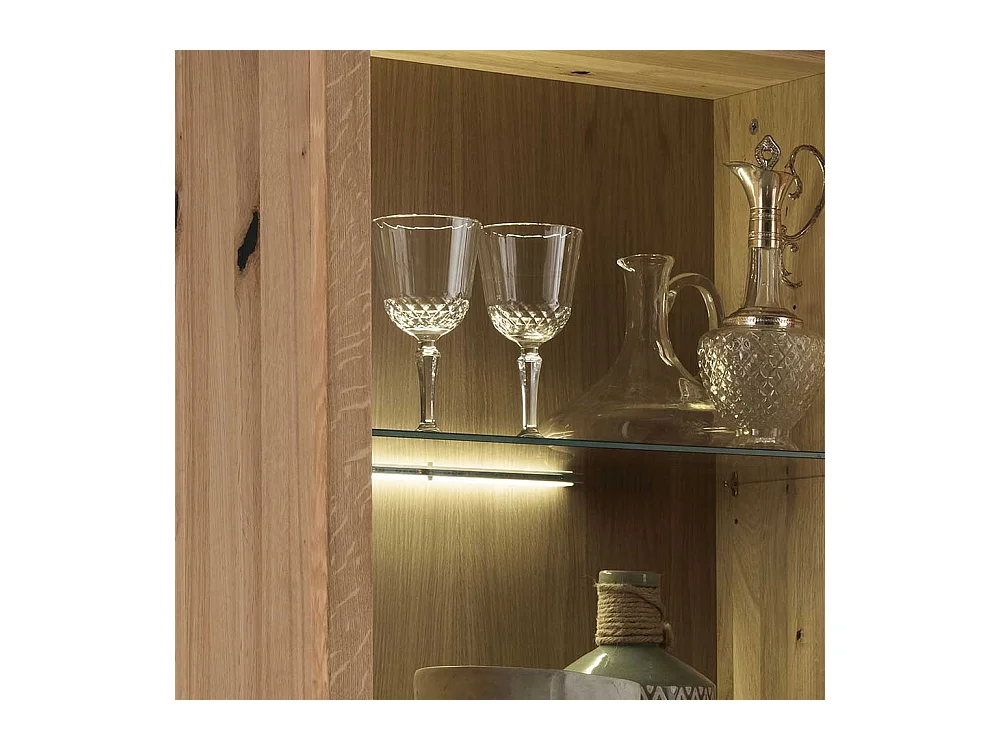 Vitrinenschrank Wildeiche aus Massivholz drei Schubladen