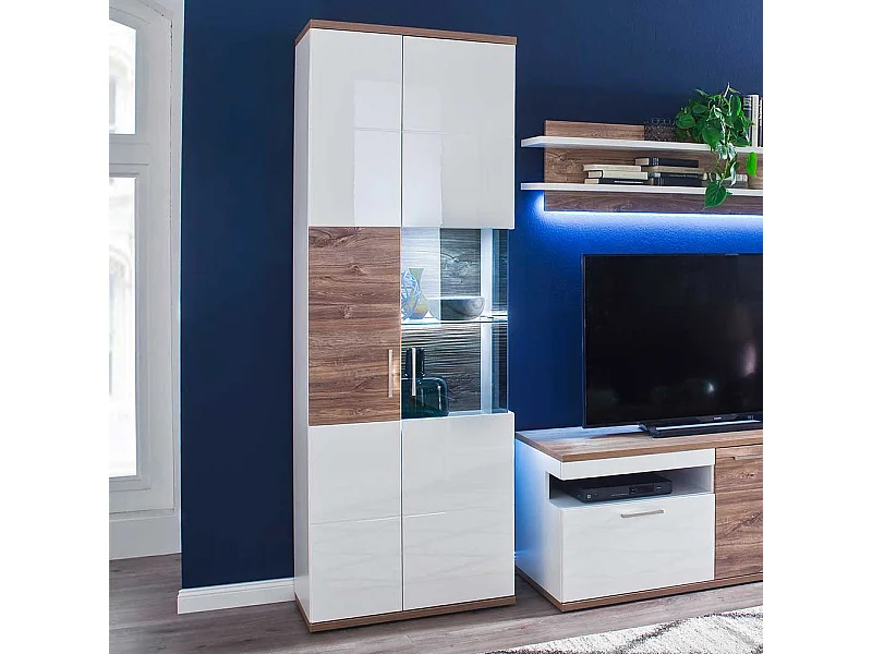 Design Vitrine in Weiß Hochglanz und Eiche Dekor 2-türig