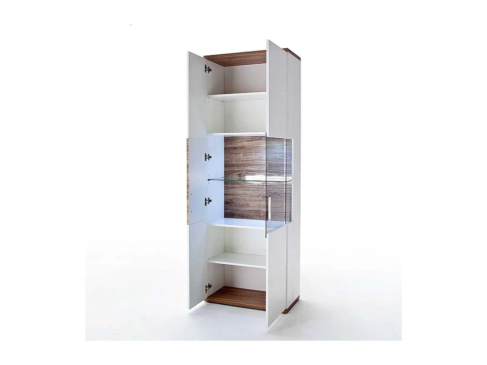 Design Vitrine in Weiß Hochglanz und Eiche Dekor 2-türig